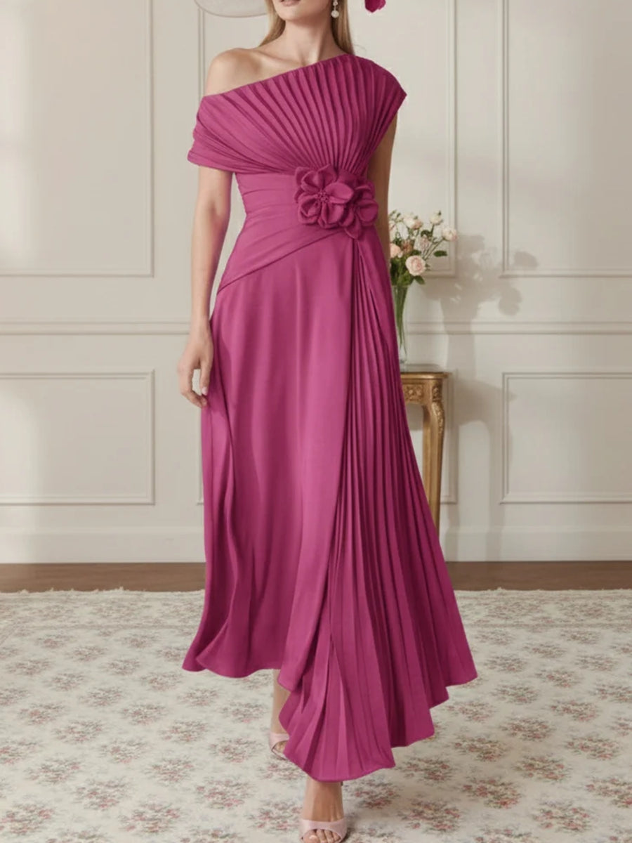 One-Shoulder Chiffon Mother of the Bride Dresses Sleeveless Asymmetrical Ankle-Length 3D Flower Pleats