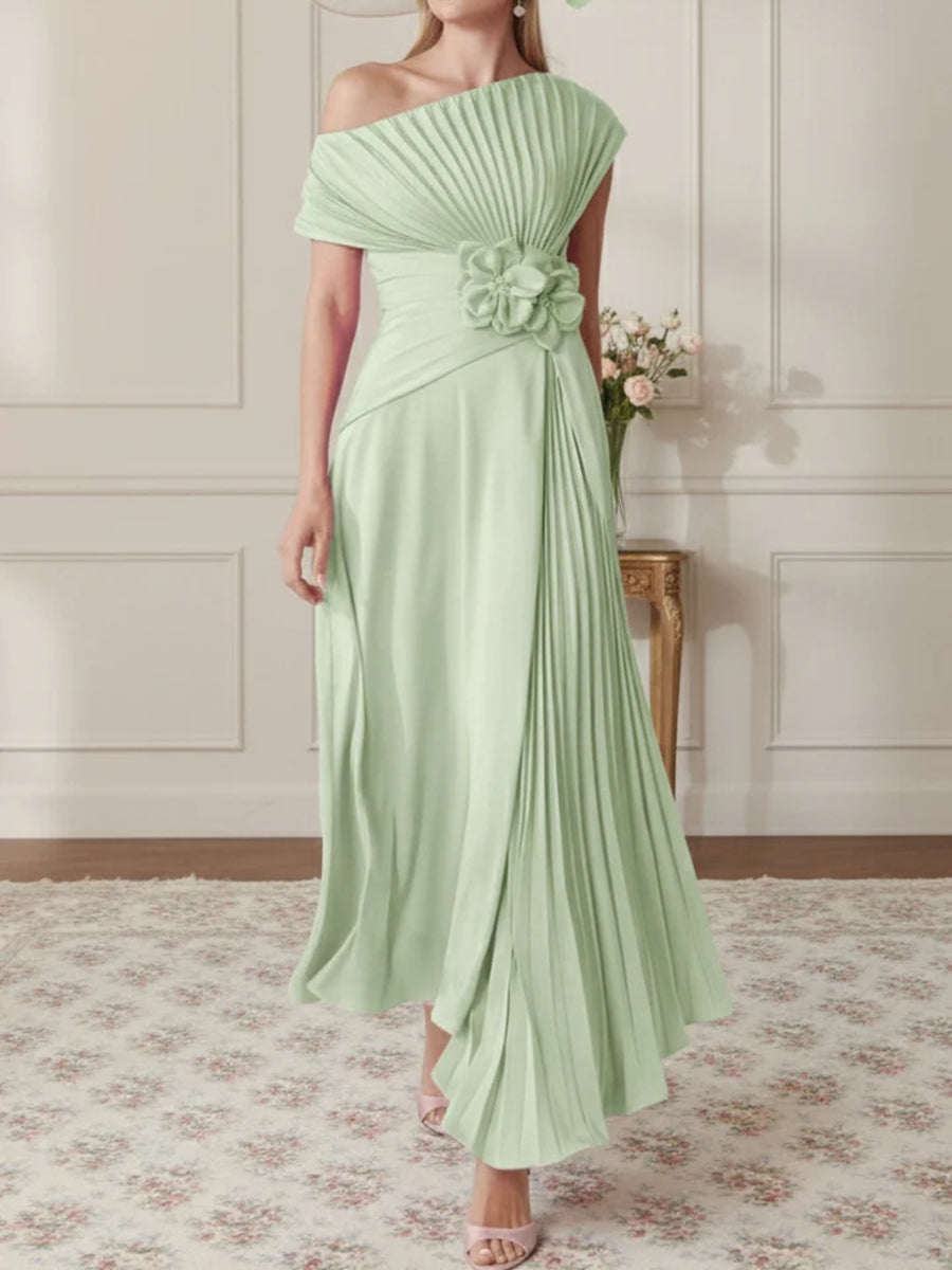 One-Shoulder Chiffon Mother of the Bride Dresses Sleeveless Asymmetrical Ankle-Length 3D Flower Pleats