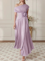 One-Shoulder Chiffon Mother of the Bride Dresses Sleeveless Asymmetrical Ankle-Length 3D Flower Pleats