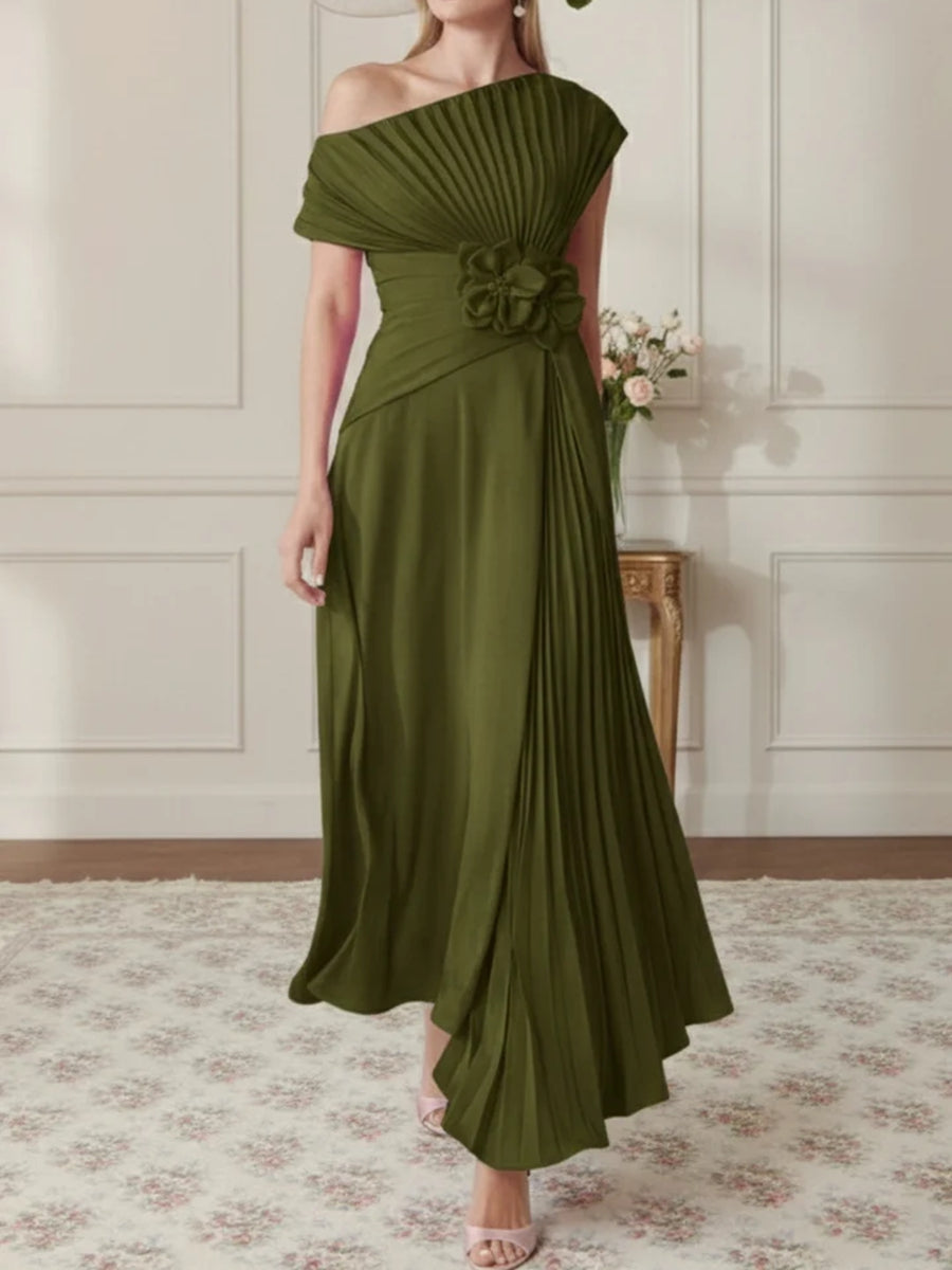 One-Shoulder Chiffon Mother of the Bride Dresses Sleeveless Asymmetrical Ankle-Length 3D Flower Pleats
