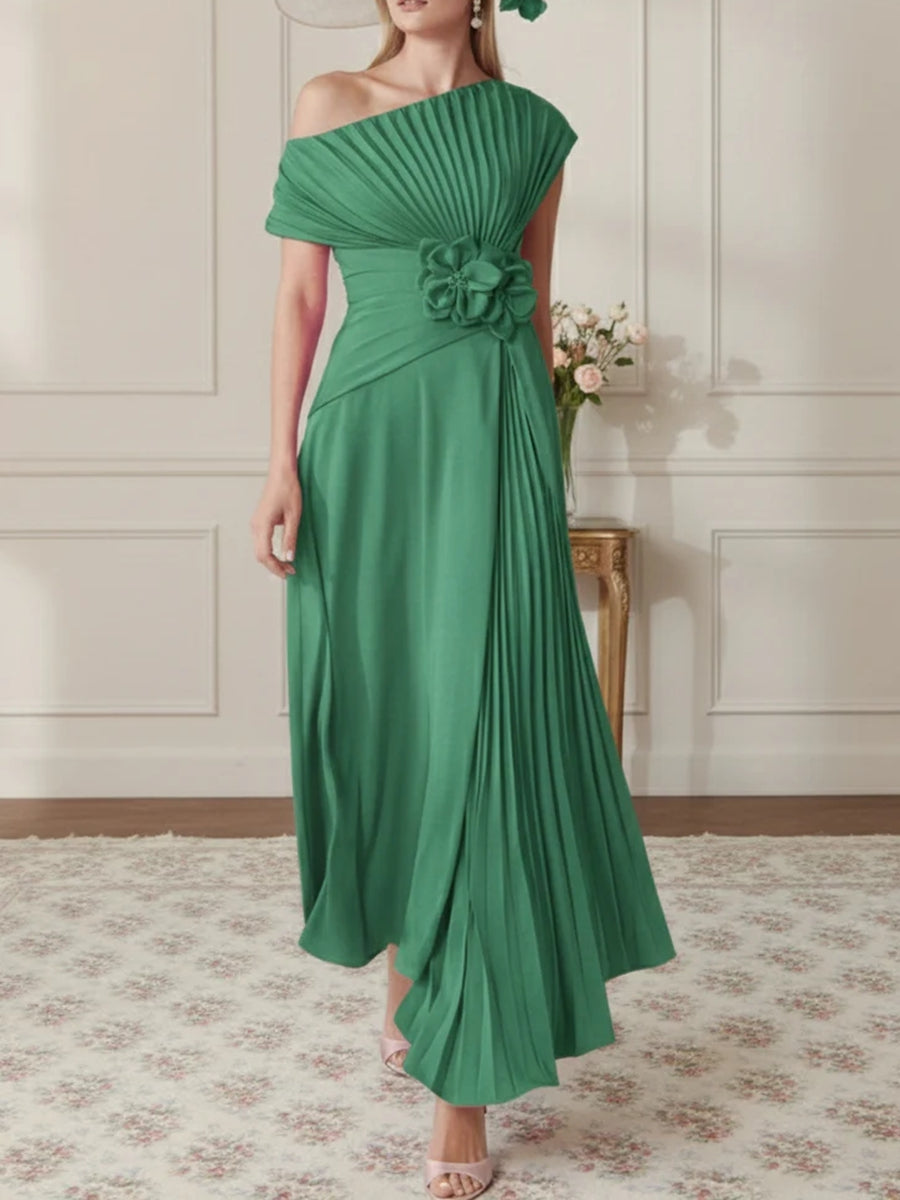 One-Shoulder Chiffon Mother of the Bride Dresses Sleeveless Asymmetrical Ankle-Length 3D Flower Pleats