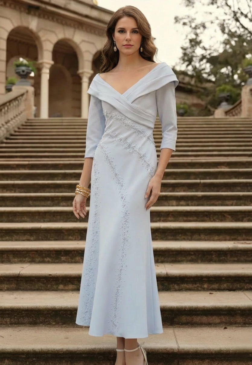 Off-the-Shoulder Stretch Satin Mother of the Bride Dresses Ankle-Length 3/4 Sleeves Beading
