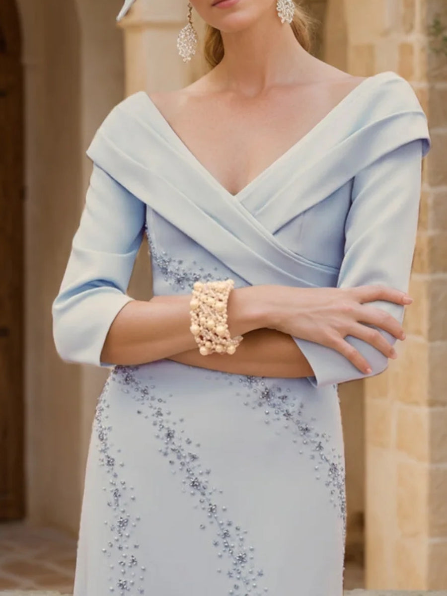 Off-the-Shoulder Stretch Satin Mother of the Bride Dresses Ankle-Length 3/4 Sleeves Beading