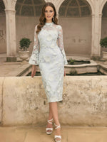 High Neck Lace Floral Mother of the Bride Dresses Long Sleeves Tea-Length