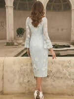 High Neck Lace Floral Mother of the Bride Dresses Long Sleeves Tea-Length