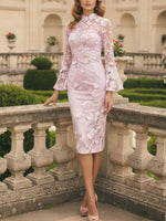 High Neck Lace Floral Mother of the Bride Dresses Long Sleeves Tea-Length