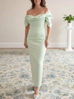 Off-the-Shoulder Stretch Satin Mother of the Bride Dresses Ankle-Length Short Sleeves Ruched