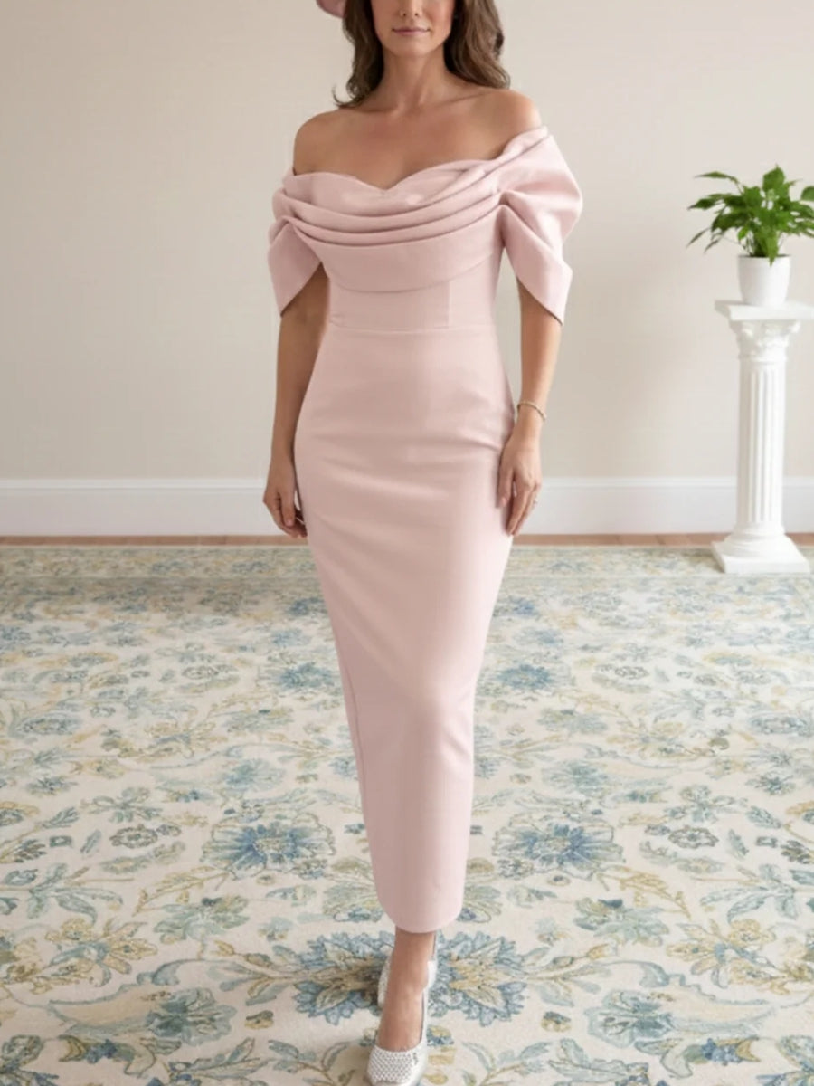 Off-the-Shoulder Stretch Satin Mother of the Bride Dresses Ankle-Length Short Sleeves Ruched