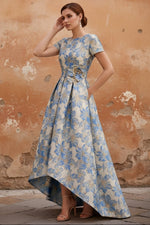 Scoop Printed Satin Mother of the Bride Dresses Short Sleeves Floral Asymmetrical Ankle-Length 3D Flower Pocket