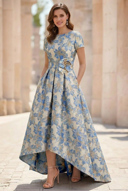 Scoop Printed Satin Mother of the Bride Dresses Short Sleeves Floral Asymmetrical Ankle-Length 3D Flower Pocket