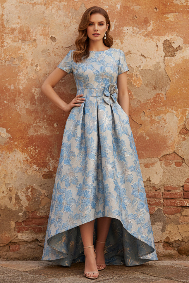 Scoop Printed Satin Mother of the Bride Dresses Short Sleeves Floral Asymmetrical Ankle-Length 3D Flower Pocket