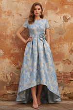 Scoop Printed Satin Mother of the Bride Dresses Short Sleeves Floral Asymmetrical Ankle-Length 3D Flower Pocket
