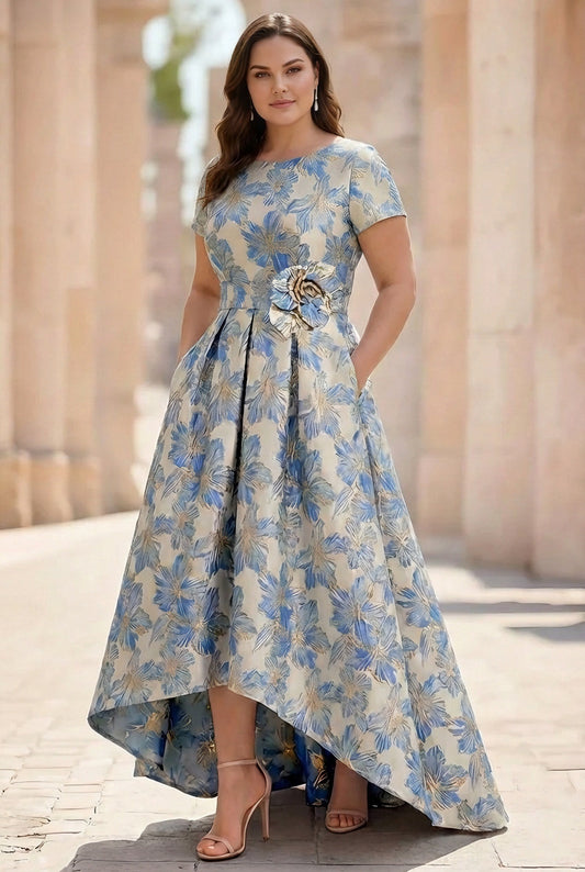 Scoop Printed Satin Plus Size Mother of the Bride Dresses Short Sleeves Floral Asymmetrical Ankle-Length 3D Flower Pocket