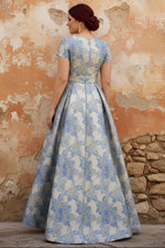Scoop Printed Satin Plus Size Mother of the Bride Dresses Short Sleeves Floral Asymmetrical Ankle-Length 3D Flower Pocket