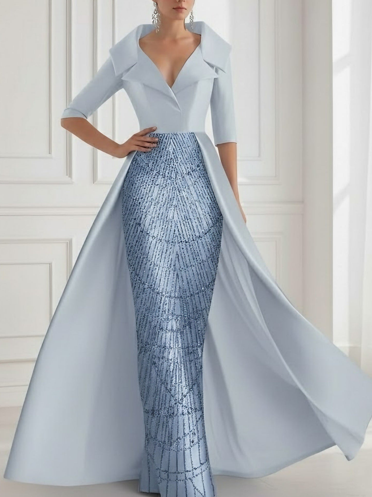 A-Line/Princess Shirt Collar Satin Mother of the Bride Dresses with Overskirt Sequins Sparkle Half Sleeves Floor-Length