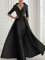 A-Line/Princess Shirt Collar Satin Mother of the Bride Dresses with Overskirt Sequins Sparkle Half Sleeves Floor-Length