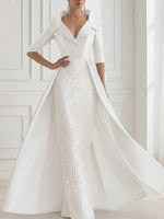 A-Line/Princess Shirt Collar Satin Mother of the Bride Dresses with Overskirt Sequins Sparkle Half Sleeves Floor-Length