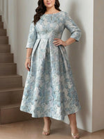 A-Line/Princess Scoop Printed Satin Plus Size Mother of the Bride Dresses Half Sleeves Floral Tea-Length Sash