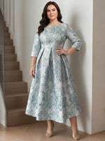 A-Line/Princess Scoop Printed Satin Plus Size Mother of the Bride Dresses Half Sleeves Floral Tea-Length Sash