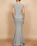 V-Neck Stretch Satin Mother of the Bride Dresses Floor-Length Cap Sleeves Lace Appliques