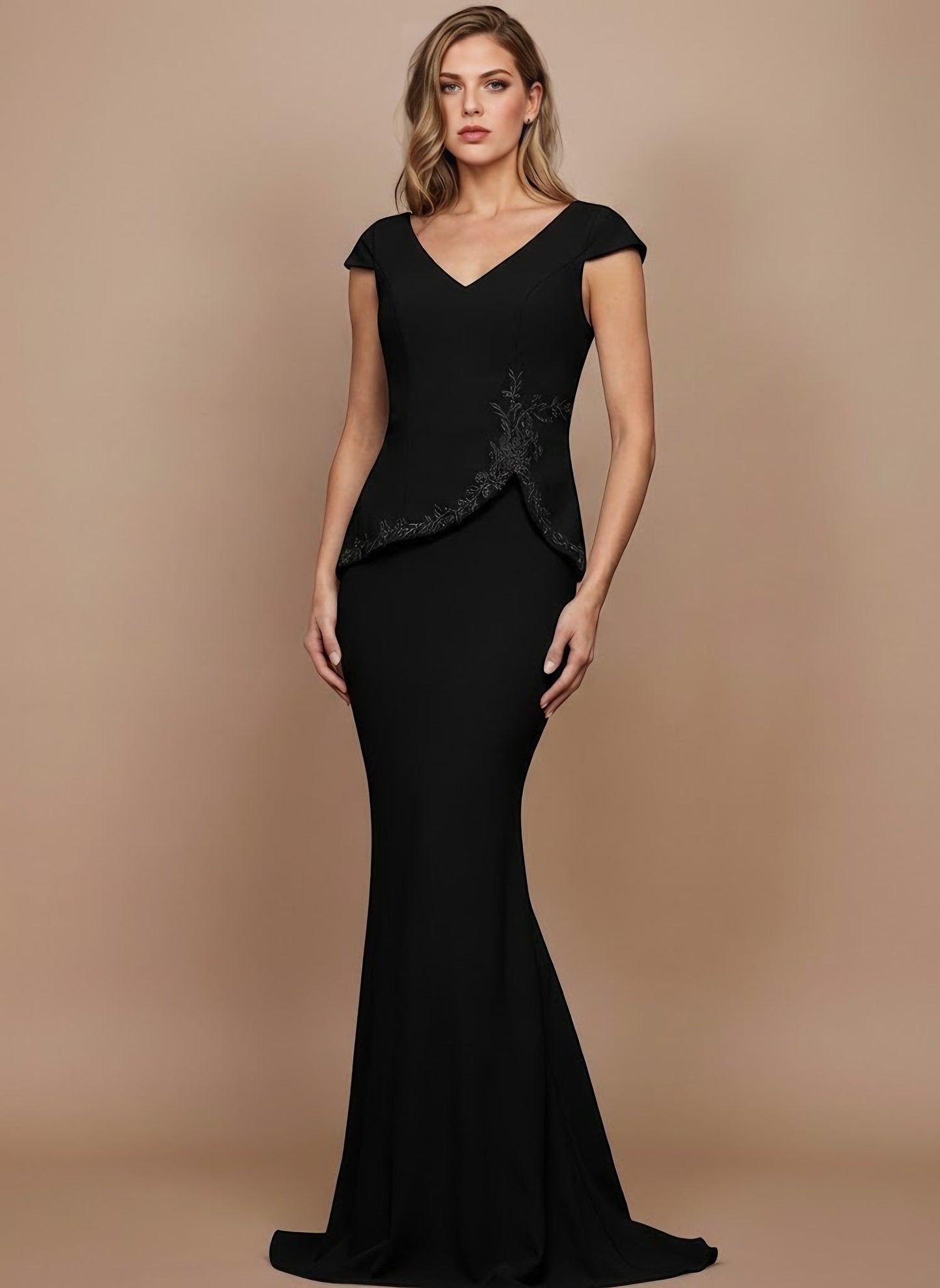V-Neck Stretch Satin Mother of the Bride Dresses Floor-Length Cap Sleeves Lace Appliques