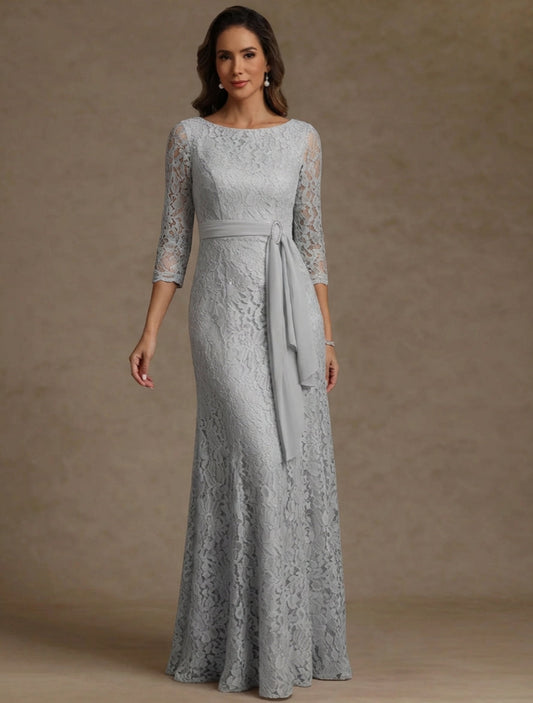 Sheath/Column Scoop Lace Mother of the Bride Dresses Floor-Length 3/4 Sleeves Belt
