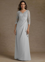 V-Neck Chiffon Mother of the Bride Dresses Lace Floor-Length 3/4 Sleeves Ruched