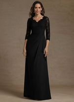 V-Neck Chiffon Mother of the Bride Dresses Lace Floor-Length 3/4 Sleeves Ruched
