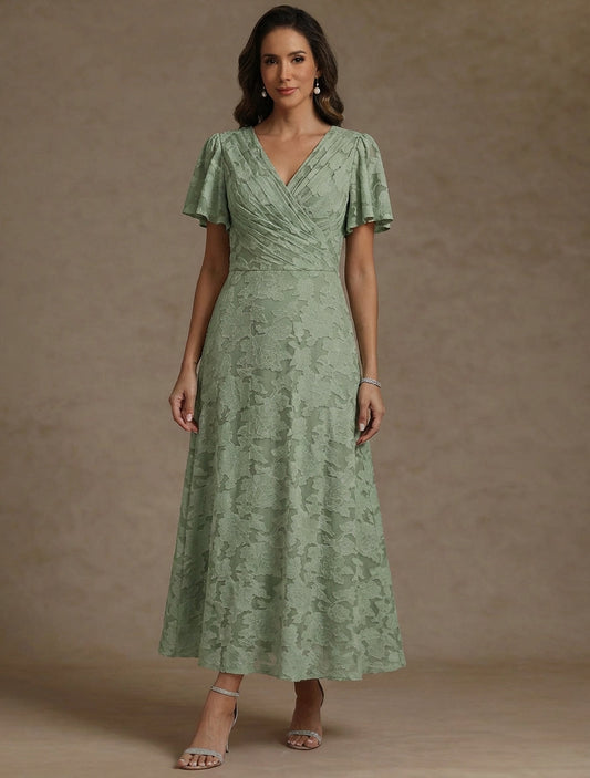 A-Line/Princess V-Neck Floral Burnout Mother of the Bride Dresses Short Sleeves Ankle-Length Ruched