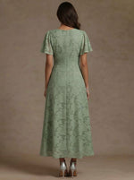 A-Line/Princess V-Neck Floral Burnout Mother of the Bride Dresses Short Sleeves Ankle-Length Ruched