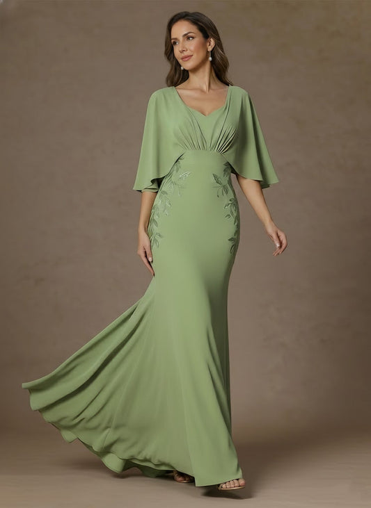 Trumpet/Mermaid V-Neck Stretch Satin Mother of the Bride Dresses Floor-Length Appliques Short Sleeves  Ruched