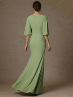 Trumpet/Mermaid V-Neck Stretch Satin Mother of the Bride Dresses Floor-Length Appliques Short Sleeves  Ruched