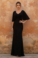 V-Neck Stretch Satin Mother of the Bride Dresses Floor-Length Appliques Short Sleeves  Ruched