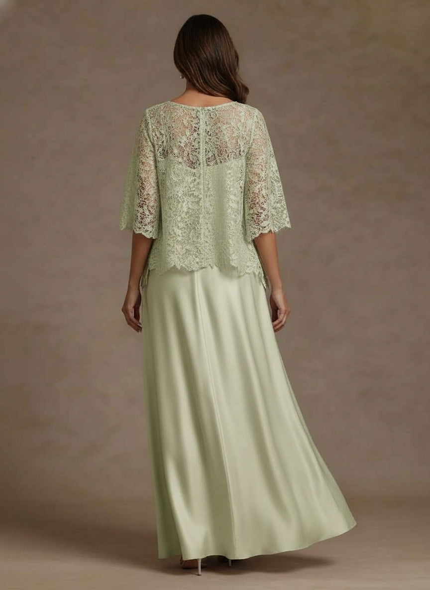 2 Pieces A-Line/Princess Silk Satin Scoop Mother ofthe Bride Dresses  Lace Floor Length Short Sleeves