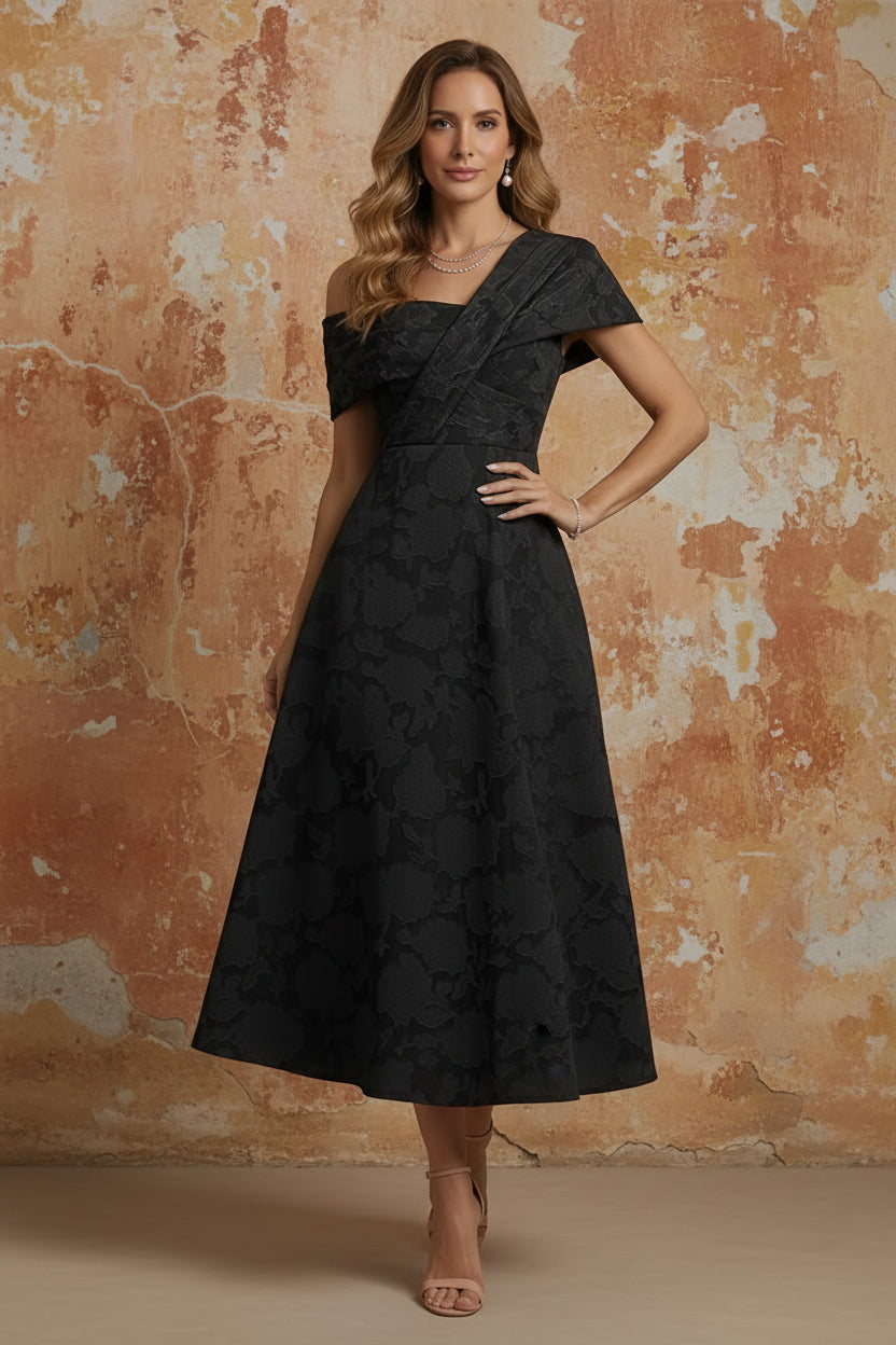 One-Shoulder Floral Burnout Mother of the Bride Dresses Sleeveless Tea-Length Ruched