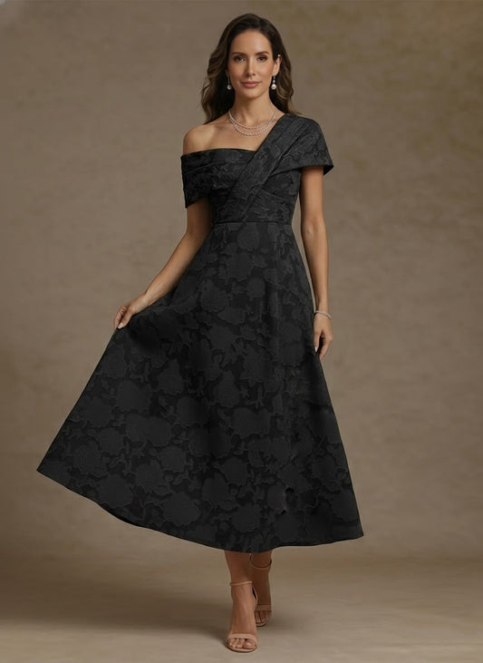 One-Shoulder Floral Burnout Mother of the Bride Dresses Sleeveless Tea-Length Ruched