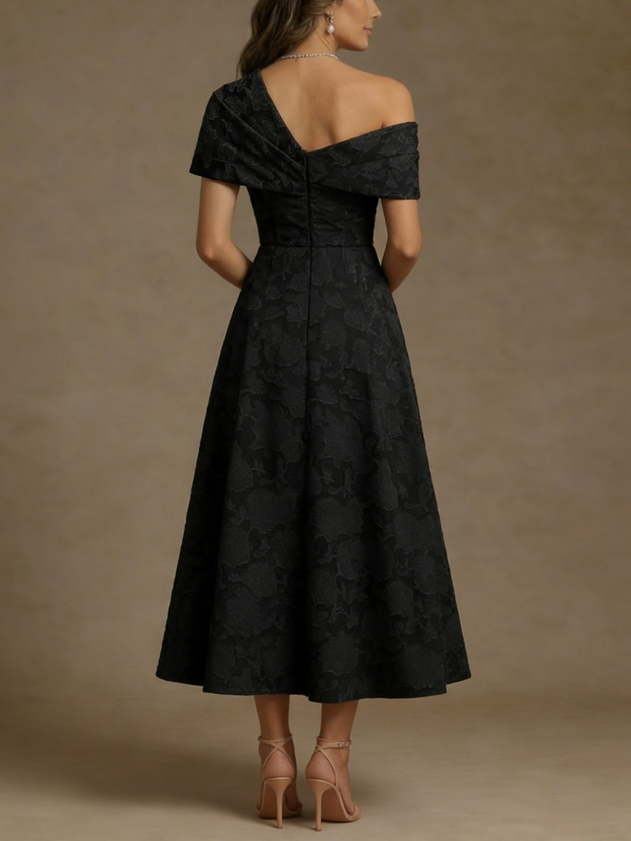 One-Shoulder Floral Burnout Mother of the Bride Dresses Sleeveless Tea-Length Ruched