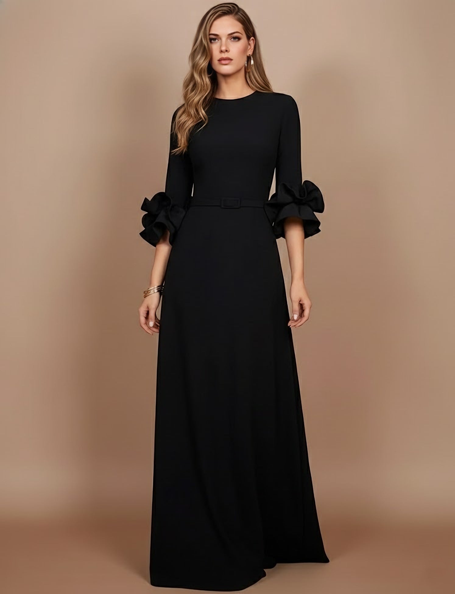Scoop Stretch Satin Mother of the Bride Dresses Floor-Length 3/4 Sleeves Ruffles