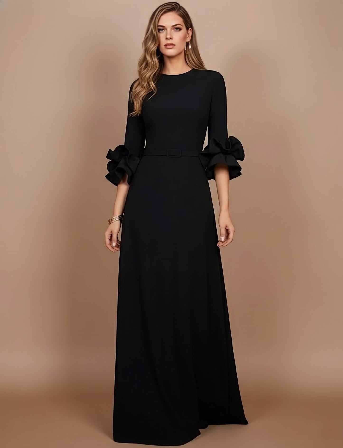 Scoop Stretch Satin Mother of the Bride Dresses Floor-Length 3/4 Sleeves Ruffles