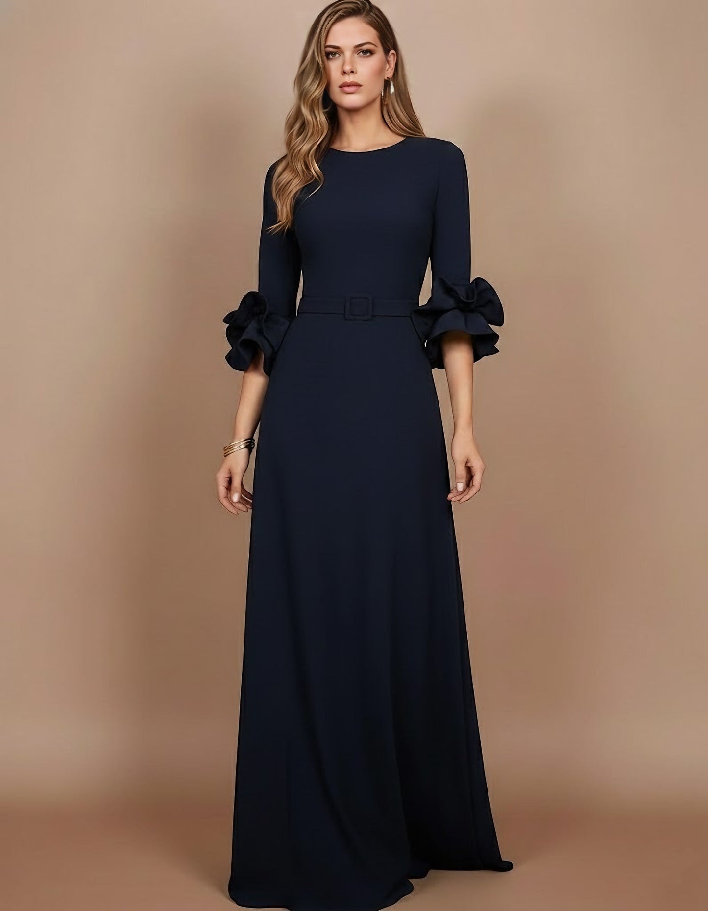 Scoop Stretch Satin Mother of the Bride Dresses Floor-Length 3/4 Sleeves Ruffles