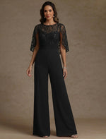 Chiffon Mother of the Bride Jumpsuits Scoop Lace Floor-Length Cape Sleeves