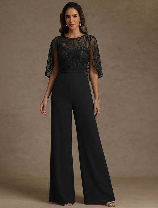 Chiffon Mother of the Bride Jumpsuits Scoop Lace Floor-Length Cape Sleeves