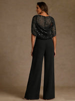 Chiffon Mother of the Bride Jumpsuits Scoop Lace Floor-Length Cape Sleeves