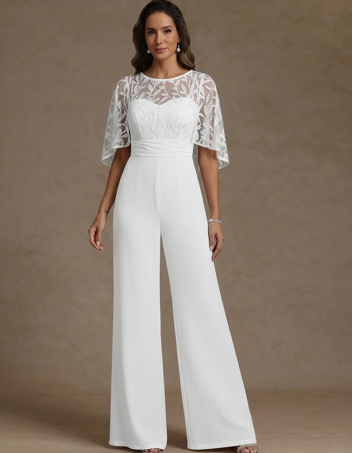 Chiffon Mother of the Bride Jumpsuits Scoop Lace Floor-Length Cape Sleeves