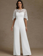 Chiffon Mother of the Bride Jumpsuits Scoop Lace Floor-Length Cape Sleeves