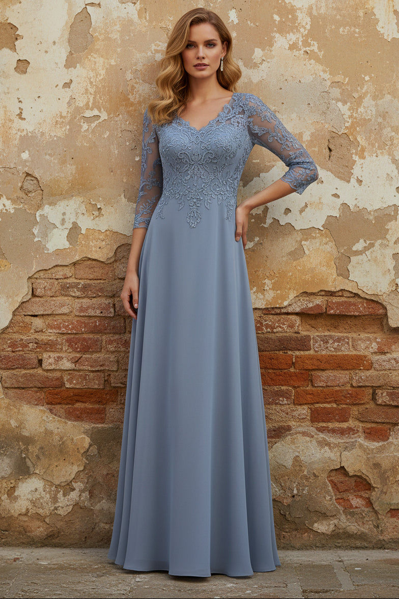 V-Neck Chiffon Mother of the Bride Dresses Floor-Length Half Sleeves Lace Appliques