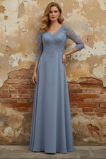 V-Neck Chiffon Mother of the Bride Dresses Floor-Length Half Sleeves Lace Appliques