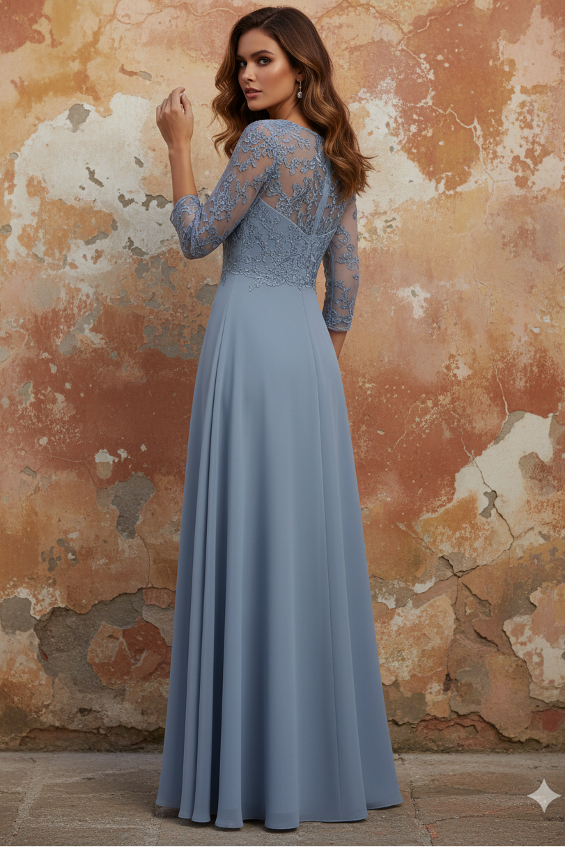 V-Neck Chiffon Mother of the Bride Dresses Floor-Length Half Sleeves Lace Appliques