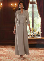 2 Pieces A-Line/Princess Square Collar Chiffon Mother of the Bride Dresses with Jacket Lace Ankle-Length 3/4 Sleeves