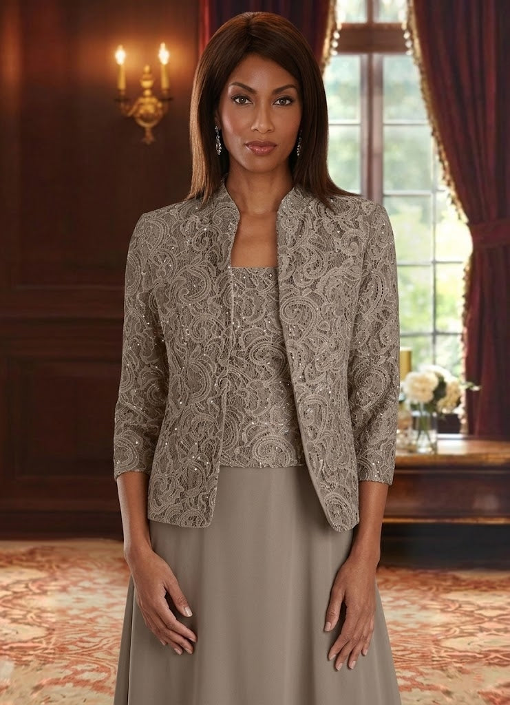 2 Pieces A-Line/Princess Square Collar Chiffon Mother of the Bride Dresses with Jacket Lace Ankle-Length 3/4 Sleeves